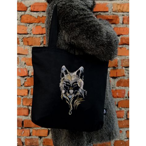Torba haftowana - shopper z wilkiem i monogramem "Biały Wilk"