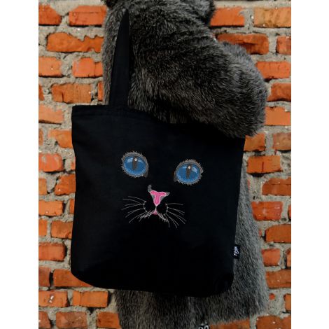 Torba haftowana - shopper z kotem i monogramem "Kocica Niebieskooka"